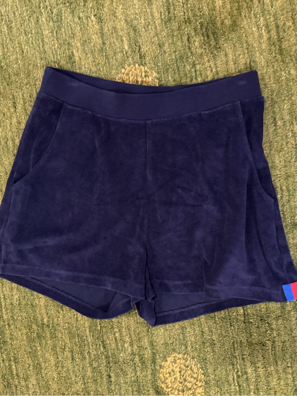 KULE Velour Venus Shorts Navy Blue Velvet 1970s Retro Athleisure Track Lounge M